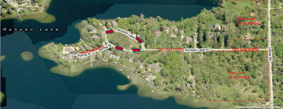 Driving map with arrows showing routes around Runyan Lake